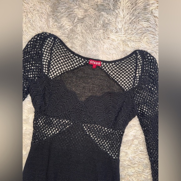 NEW Staud Jocelyn Mixed Stitch Crochet Long sleeves black Mini Dress size L - Picture 3 of 7